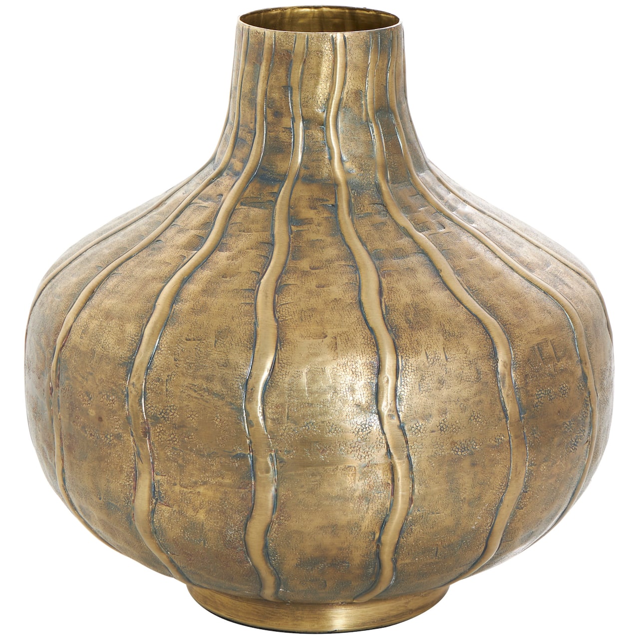 13" Brass Metal Wide Snakeskin Inspired Vase with Dimensional Wavy Accents